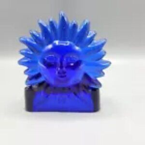 Cobalt Blue Glass Celestial Sun Votive Candle Holder Sun Face Table Decor